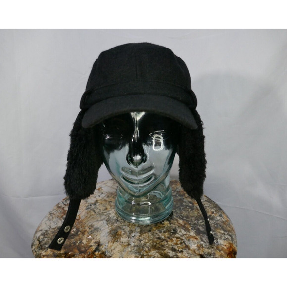 Calvin Klein Black Trapper Trooper Hat Chin Strap Ear Flaps Faux Fur One Size - Picture 1 of 16